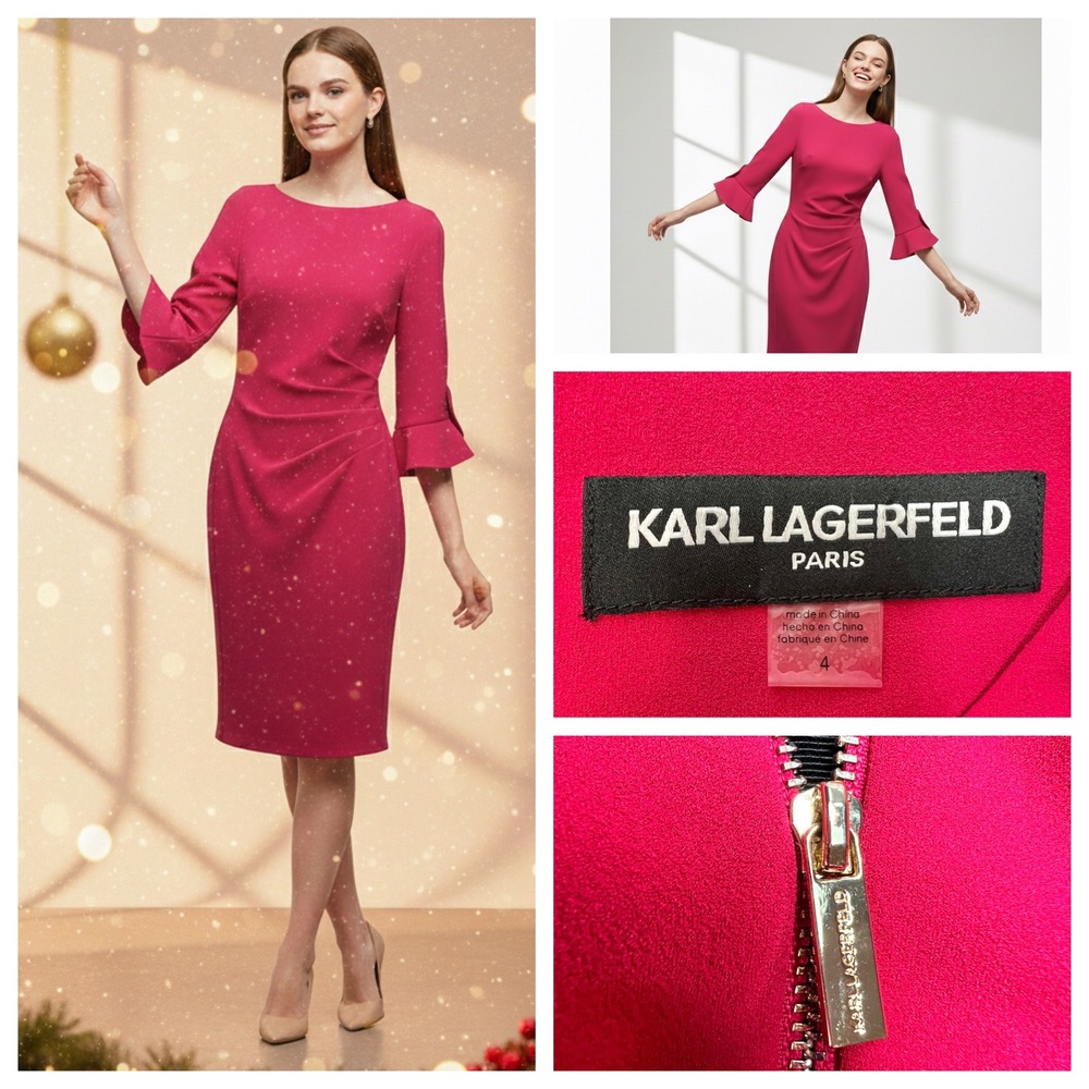 Karl Lagerfeld Paris Fuchsia Pink Sheath Dress Ruffle Ruched Sz 4‎ Holiday Party